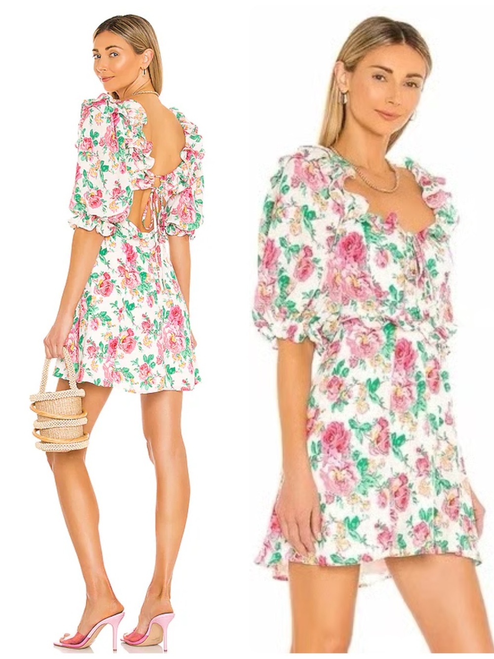 FOR LOVE & LEMONS Imogen Mini Dress Floral Tie-Back Puff Sleeve (129)